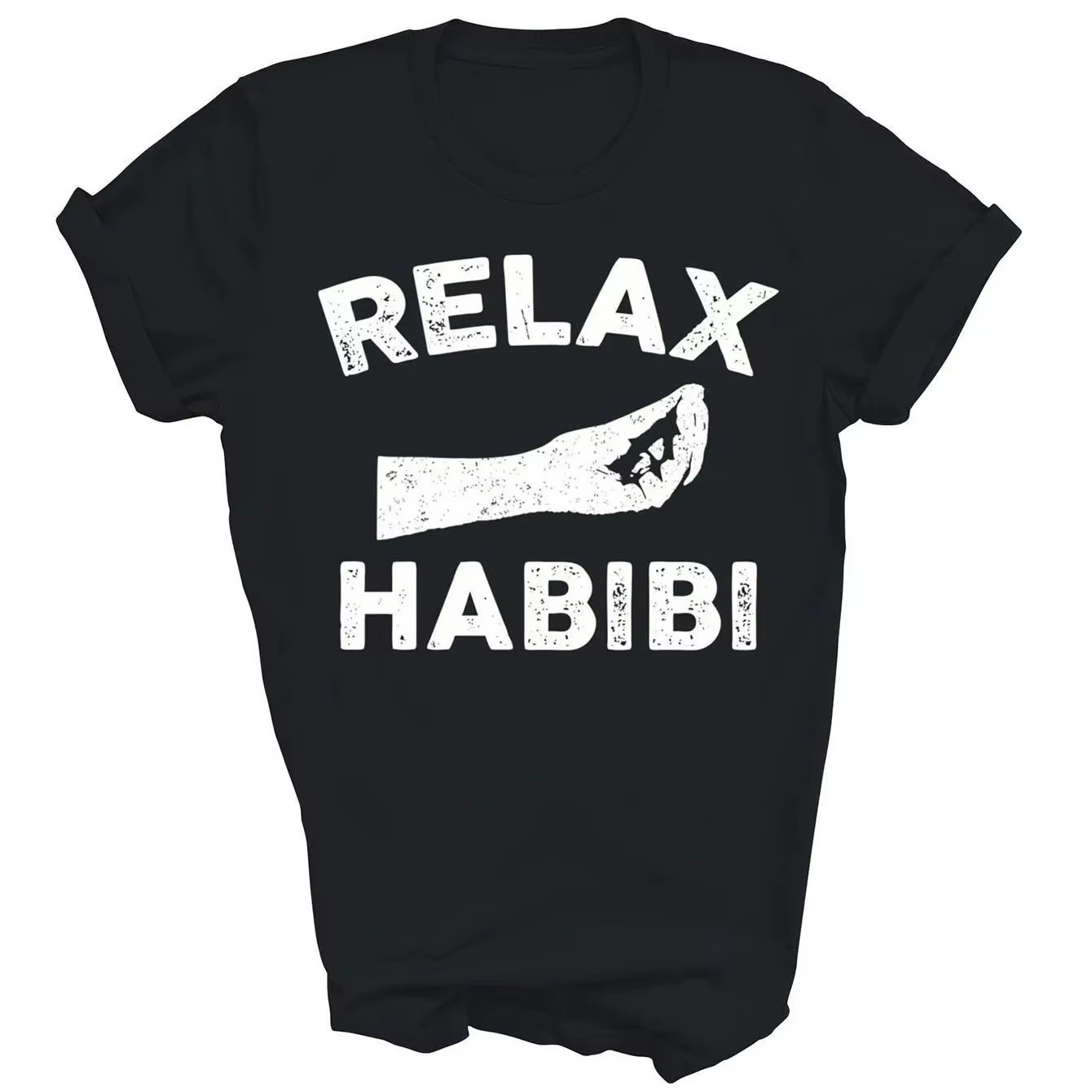 Relax Habibi T-Shirt de motivation arabe unisexe décontracté à manches courtes avec lettrage blanc a
