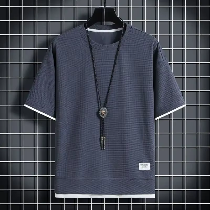 T-shirt ample à manches courtes pour homme, col rond, fin, tendance, avec empiècements, demi-manches
