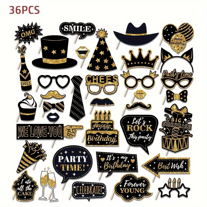 36 pièces d'accessoires de cabine Photo d'anniversaire, accessoires de joyeux anniversaire, ensemble
