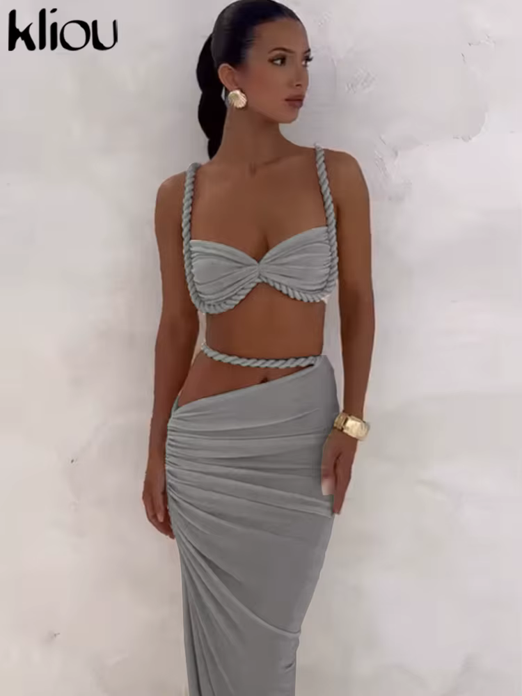 Kliou tissé Sexy femmes 2 pièces ensemble superbe chaud solide plissé culture Camisoles + taille hau