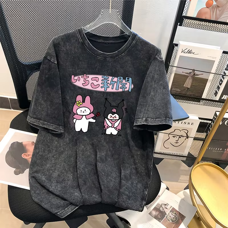 T-shirt d'été Kuromi pour hommes et femmes, style rétro américain, en coton délavé, coupe ample, eff