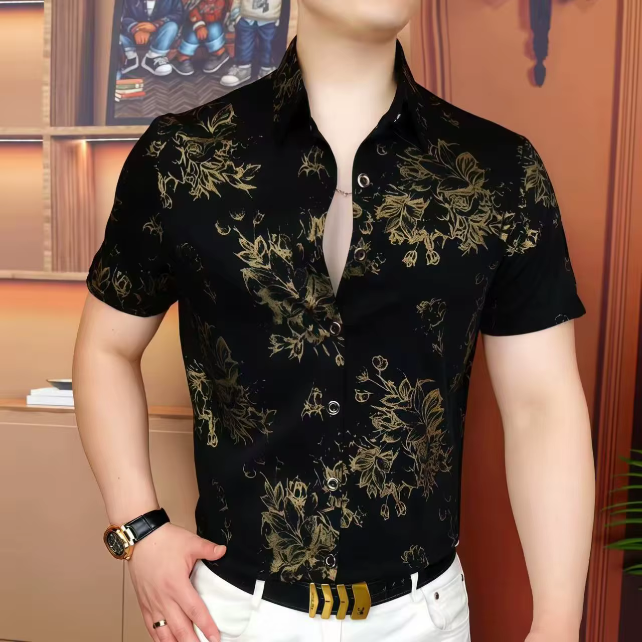Chemise de luxe à manches courtes pour hommes, imprimé velours, rétro, Social, décontractée, tendanc