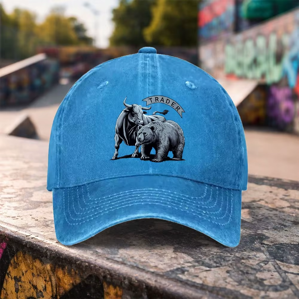Casquette de baseball Bull Bear Trader en denim délavé, réglable, protection solaire, chapeau décont