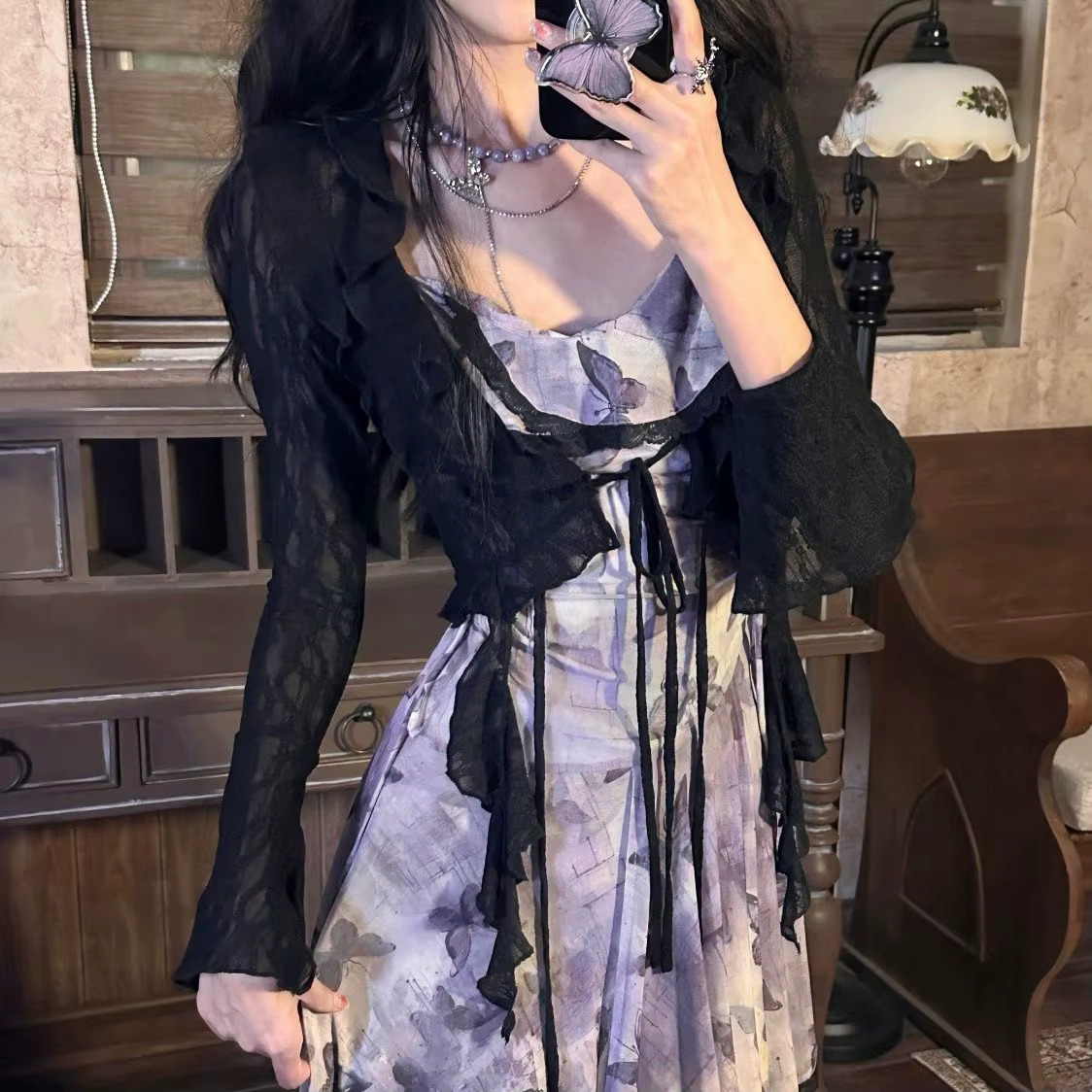 Robe tenues 2 pièces ensembles femmes vêtements dentelle chemises courtes Vintage papillon imprimé g