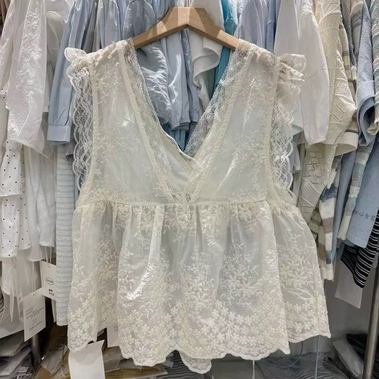 Neploe Nouveau Débardeur Féminin Sexy en Dentelle Jacquard Brodé, Élégant et Délicat, à Volants, Cou