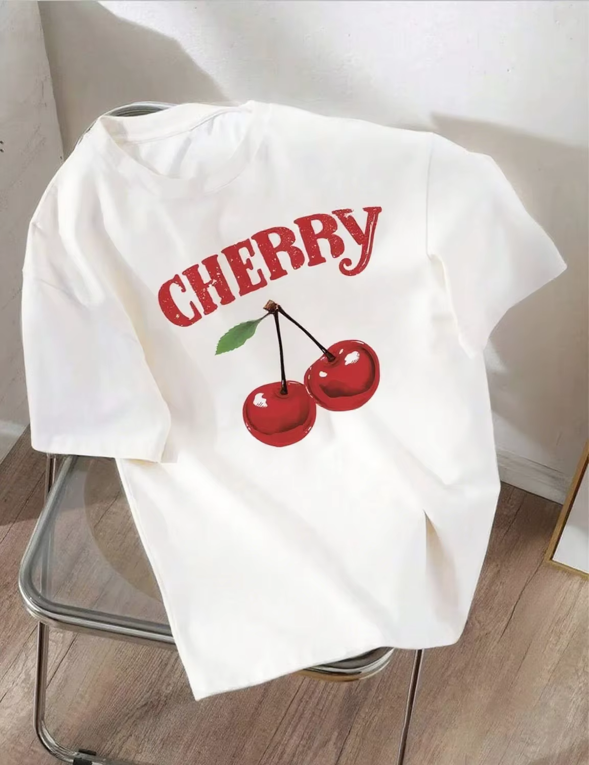 Cerise imprimé femmes mode T-Shirt haut col en o t-shirts graphique fleuri à manches courtes vêtemen