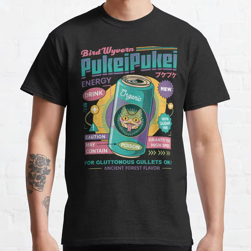 Pukei Pukei Energy Drink 80s Vintage Monster Hunter monde jeu vidéo MHW graphique t-shirts grande ta