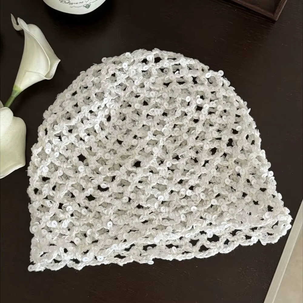 Casquette tissée à paillettes rétro Vintage, chapeau seau en tricot creux à paillettes, bonnet fin Y