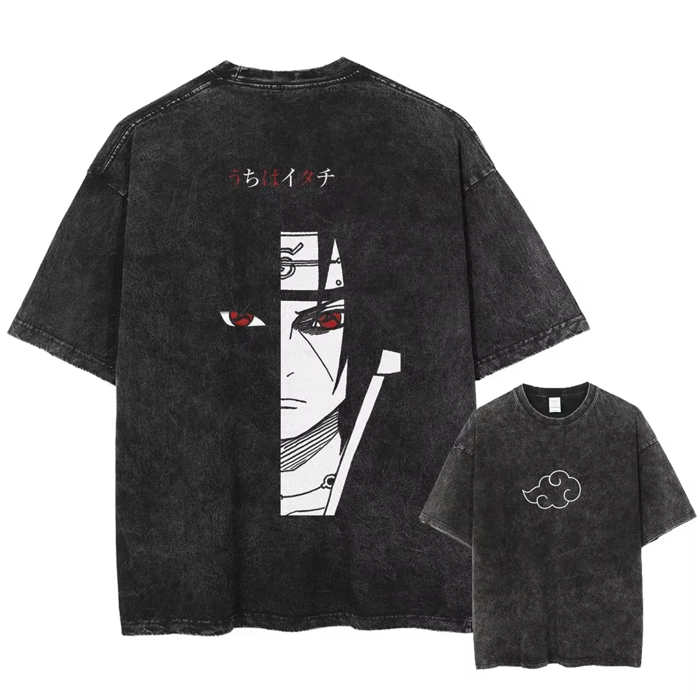 T-shirt streetwear Harajuku délavé, imprimé graphique Anime Naruto, t-shirt en coton d'été pour homm