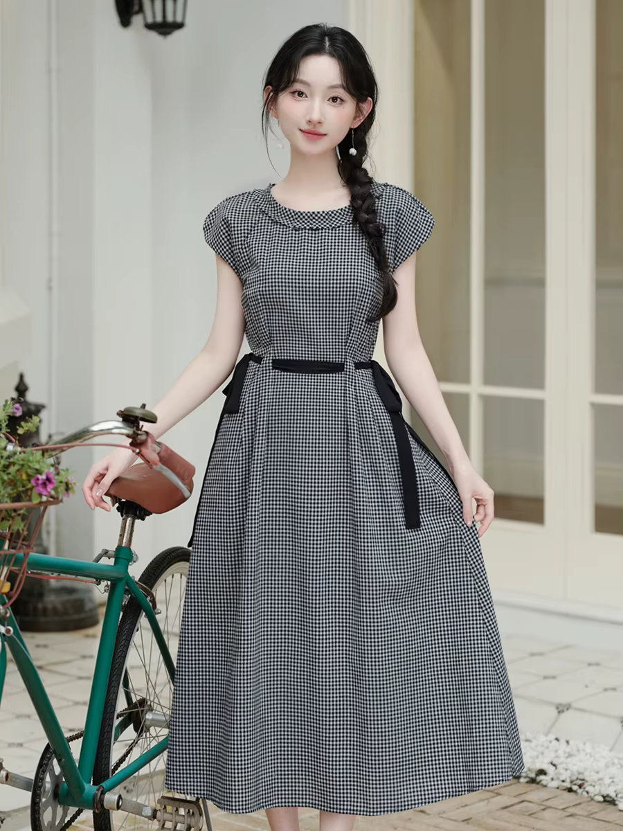 Robe à carreaux rétro classique noir et blanc pour femme, Vintage, avec nœud doux, en coton et lin, 