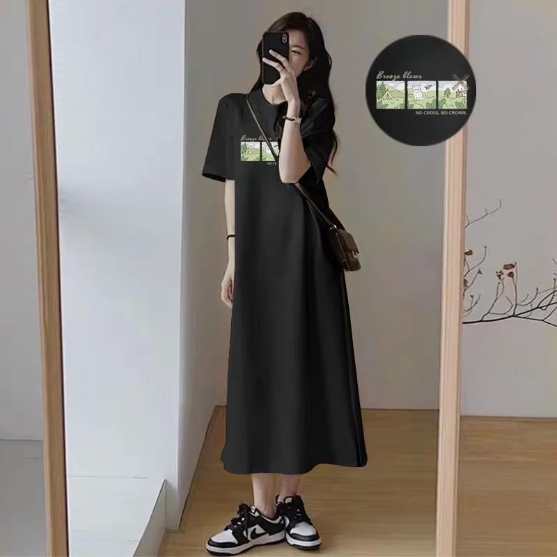 Robe longue décontractée pour femmes, imprimé de dessins animés mignons, manches courtes, robe maxi 