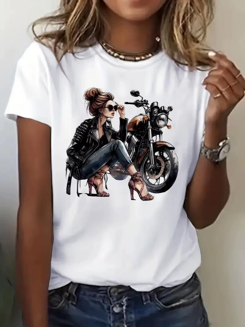 Rétro moto femmes imprimer T-shirt 2000s gothique femmes décontracté à manches courtes T-shirt vêtem