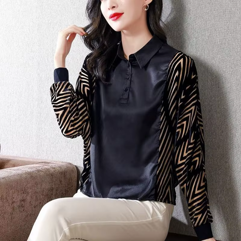 Chemisier en satin à col polo pour femme, chemise patchwork imprimée, vêtements décontractés, bouton
