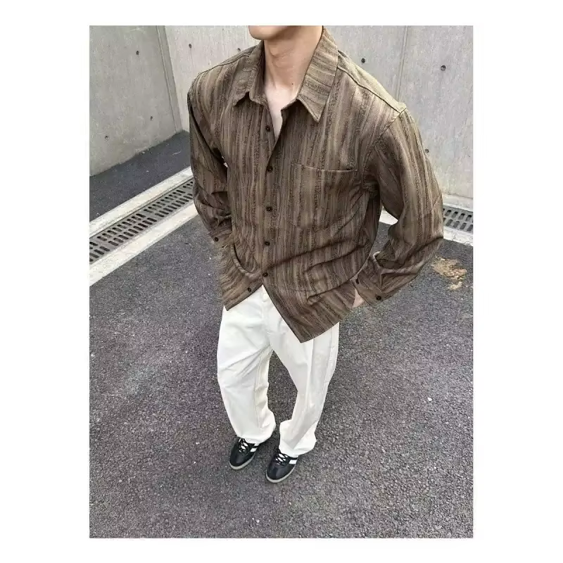 Chemise à manches longues rayée pour homme, coupe décontractée, boutonnée