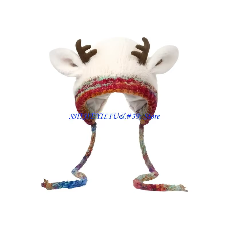 E21F – chapeau tricoté en corne renne noël, casquette d'hiver douce chaude pour fête vacances en fam