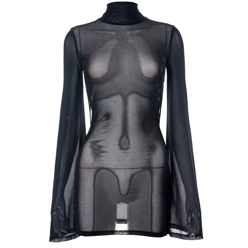 BKLD-Mini robe de soirée en maille noire pour femme, manches longues, dos nu, sexy, hanche, maigre, 