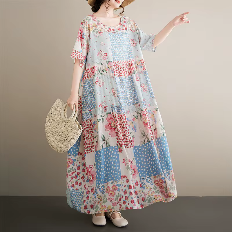 Robe longue bohème en coton et lin pour femmes grandes tailles, col rond, manches courtes, jupe évas