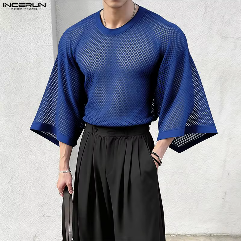 INCERUN T-shirt Homme Uni en Maille Transparente Sexy Oversize Vêtements Streetwear 2026 Manches 3/4
