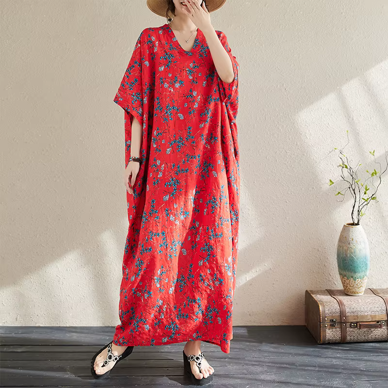 Robe longue style bohème pour femmes, grande taille, maxi, boho, col en v, imprimé floral, vintage, 