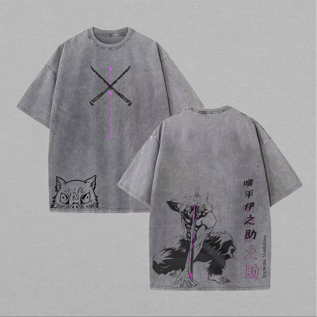 T-shirt graphique Inosuke Demon Slayer, manga japonais, en coton lavé, pour hommes et femmes, vêteme