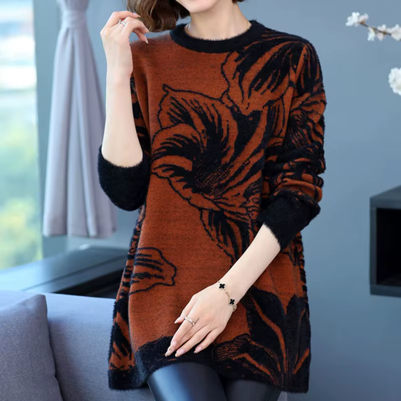 Pulls mi-longs floraux floqués pour femmes, pulls optiques chauds, fixation en résine, col rond, vêt