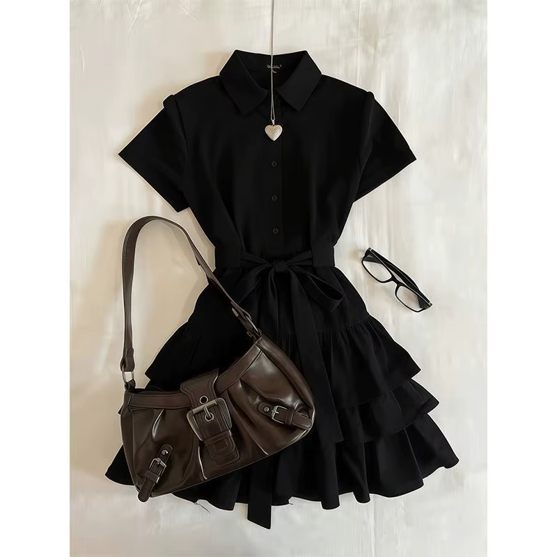 Robe chemise élégante française pour femme, col à revers, manches courtes, taille ceinturée, ourlet 