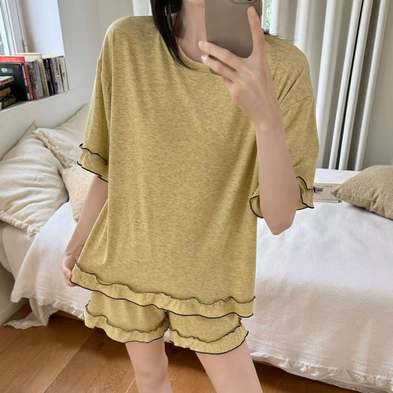 Pyjama sexy pour femmes, été, fin, manches courtes, décontracté, couleur unie, grande taille, shorts