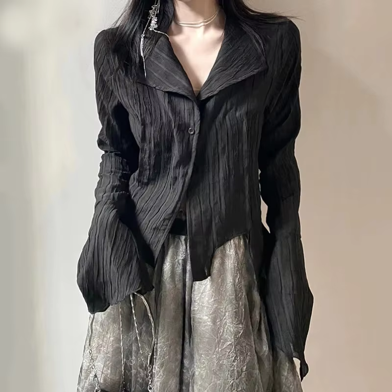 Chemises gothiques noires pour femmes, coréen, académique foncé, conçu, hauts irréguliers, mode prin
