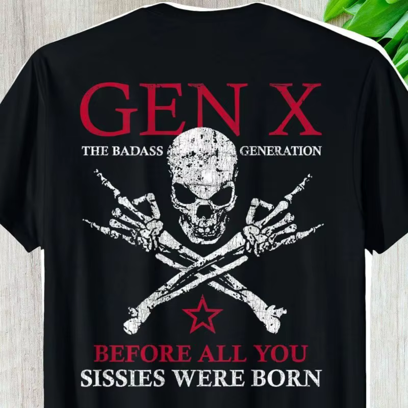 T-shirt graphique Gen X Skull pour hommes, style punk rock vintage, imprimé rétro, streetwear décont