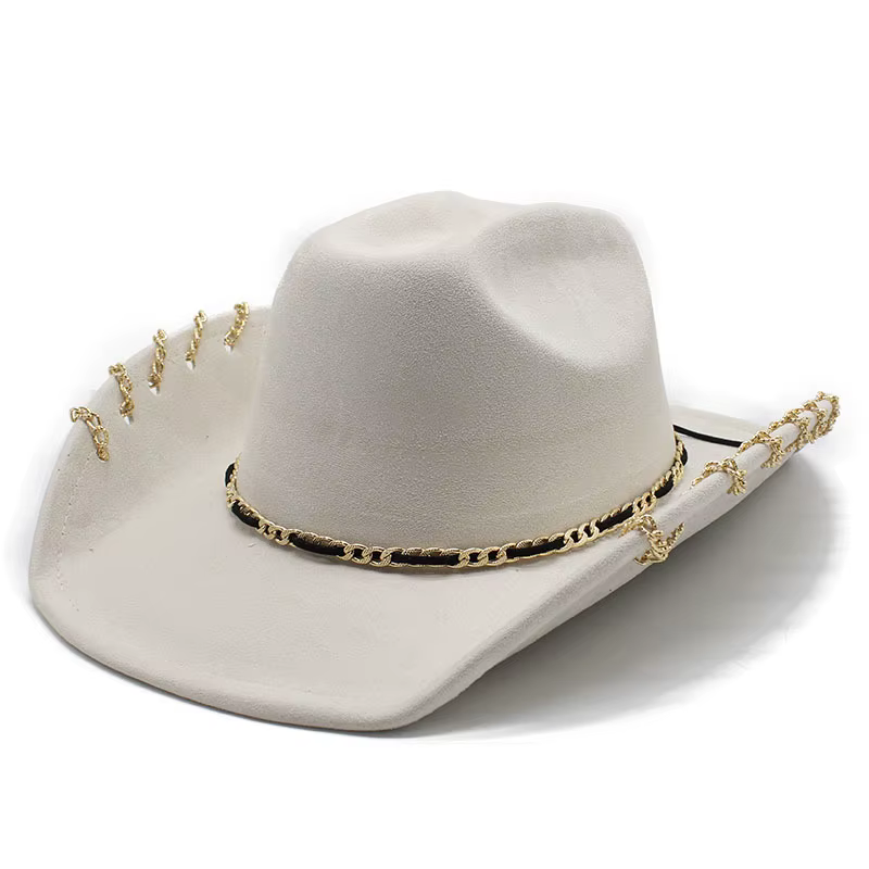 Chapeau de Cowboy occidental tendance pour hommes et femmes, avec chaîne en métal, visière en daim à