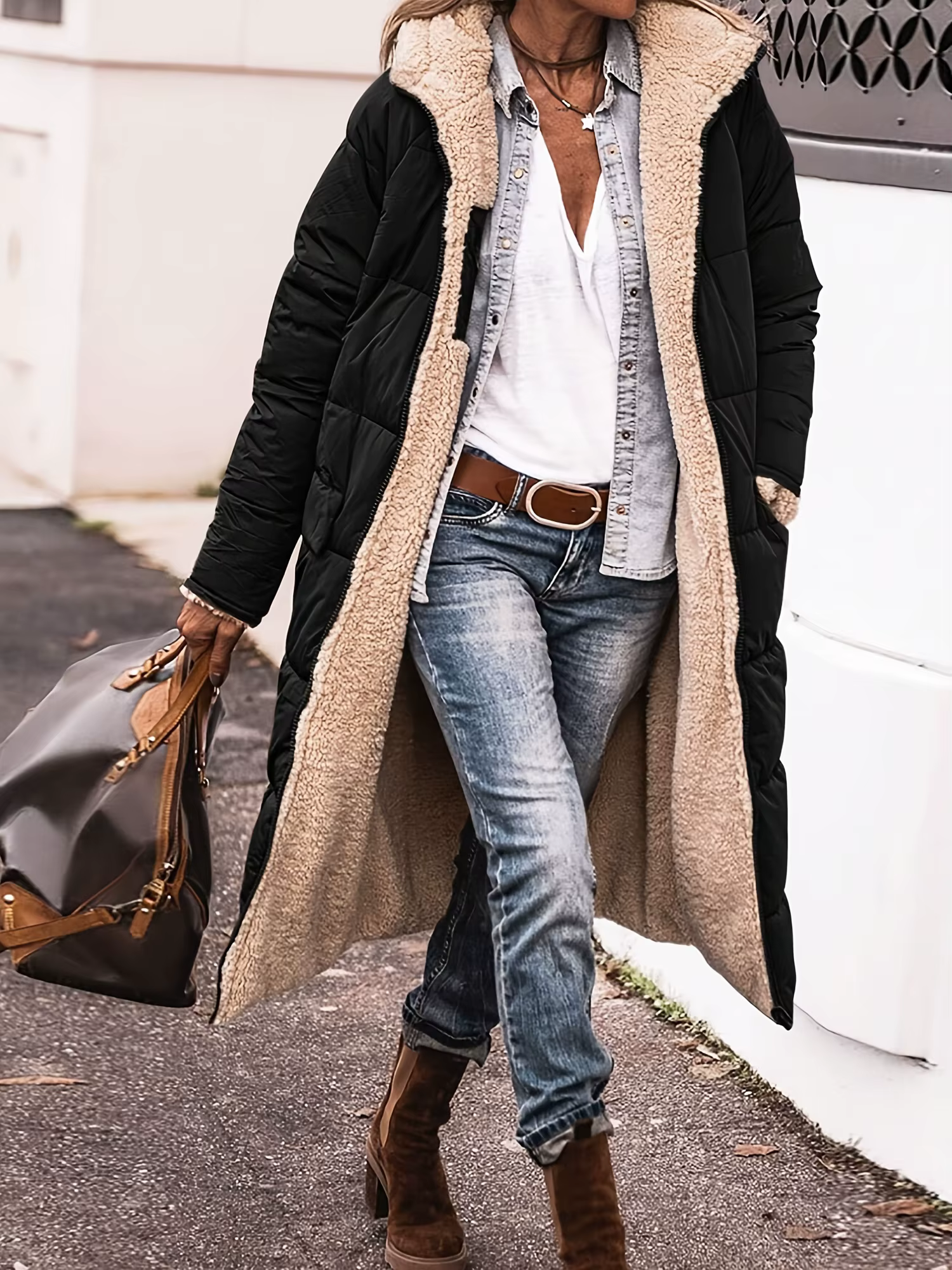 Manteau long matelassé réversible pour femme, chaud, à capuche, doublé en polaire, fermeture éclair,