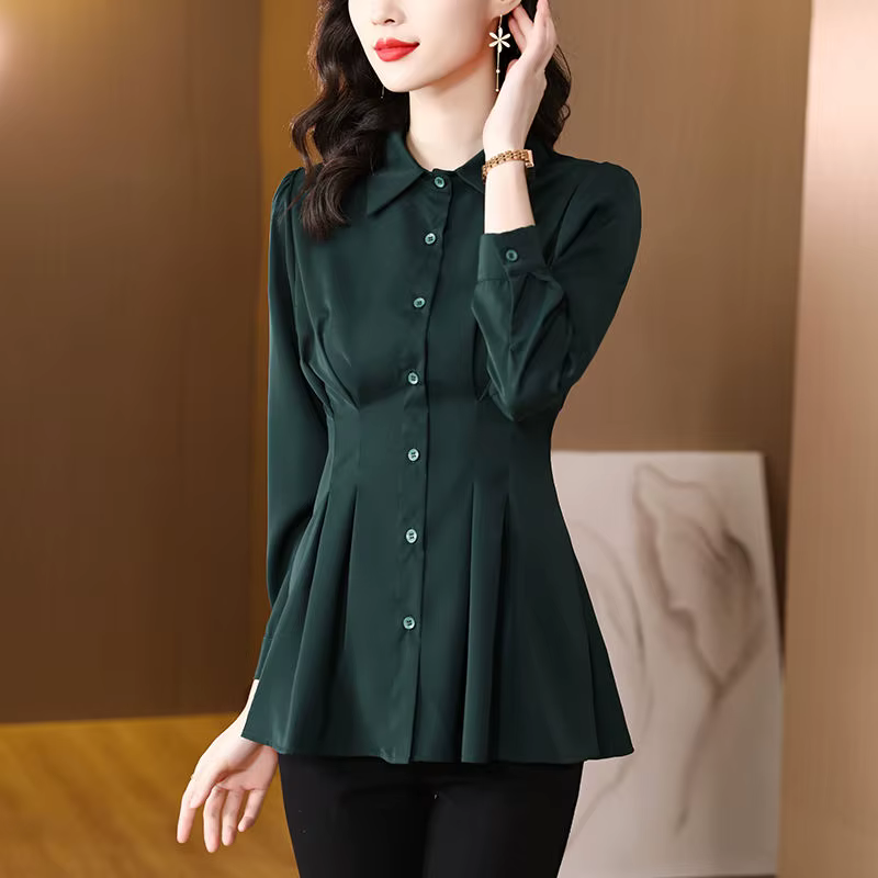 Chemisier à col polo à simple boutonnage pour femme, chemise à manches longues, vêtements monochrome