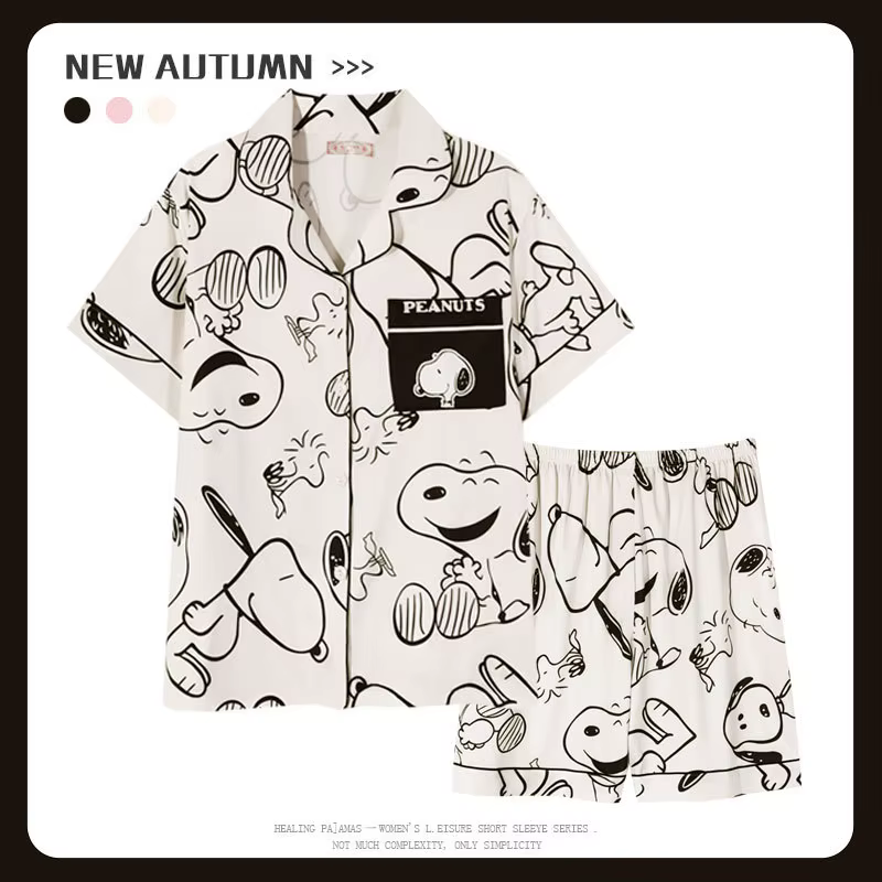 Pyjama court d'été Snoopy pour femmes, ensemble deux pièces, imprimé de dessin animé mignon, vêtemen
