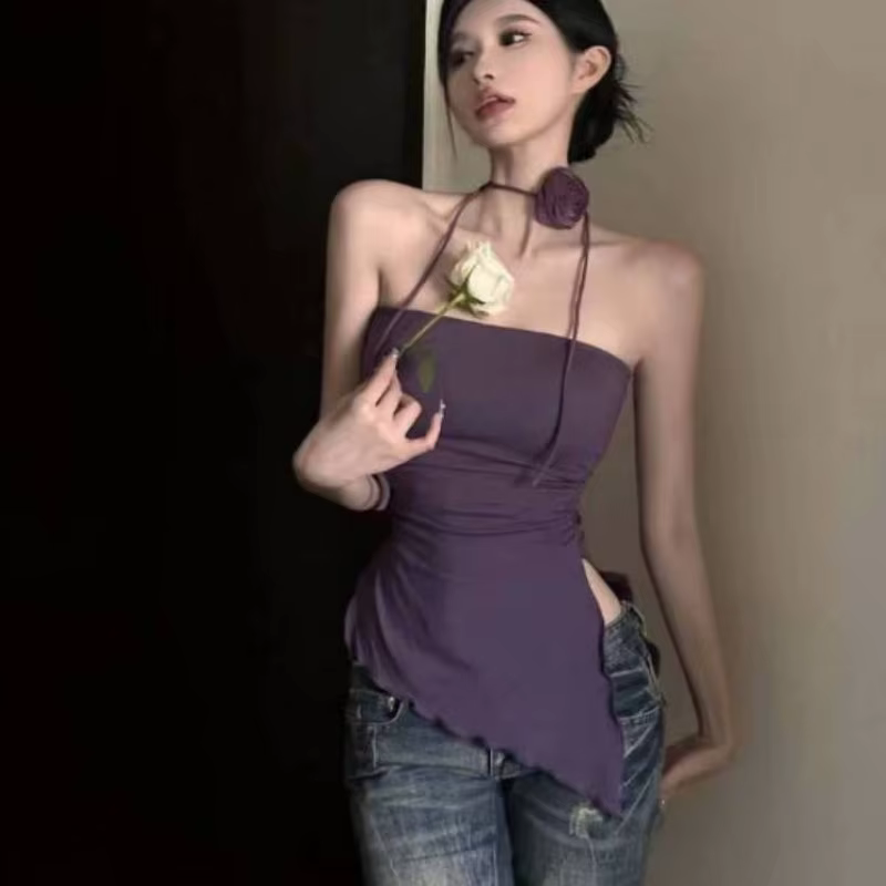 Haut tube violet pour femme, style Dopamine, doux et épicé, coupe ajustée, tendance, polyvalent, à p