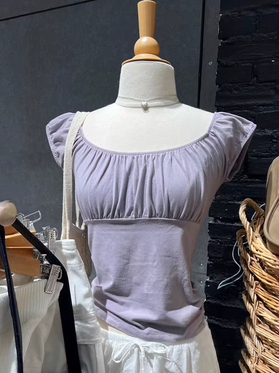 T-shirt manches courtes femme, basique, Slim, col carré, en coton, violet, doux, Style Preppy, Y2k, 