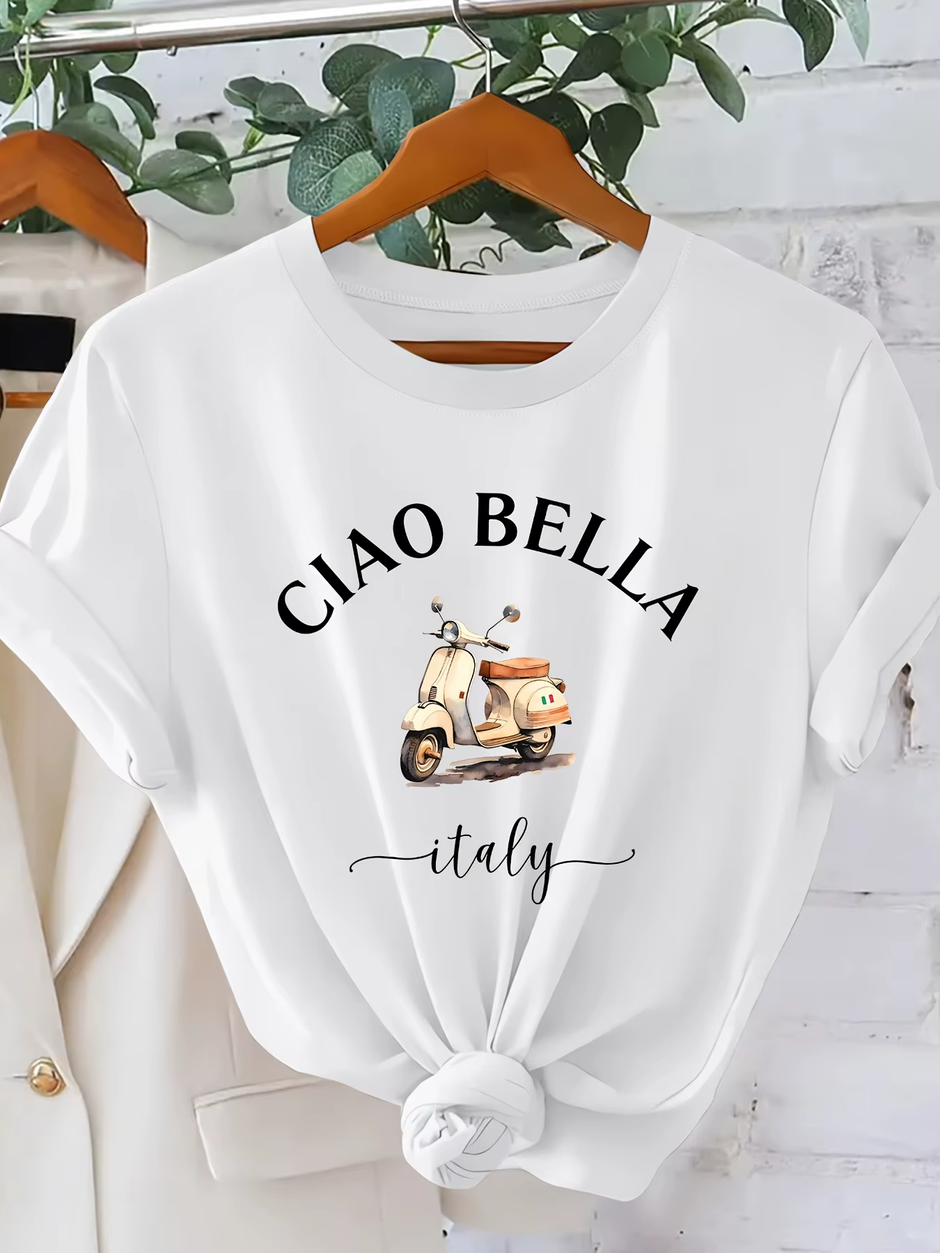 T-shirt pour femme CIAO BELLA à imprimé moto italienne, Blouse à manches courtes style scooter itali