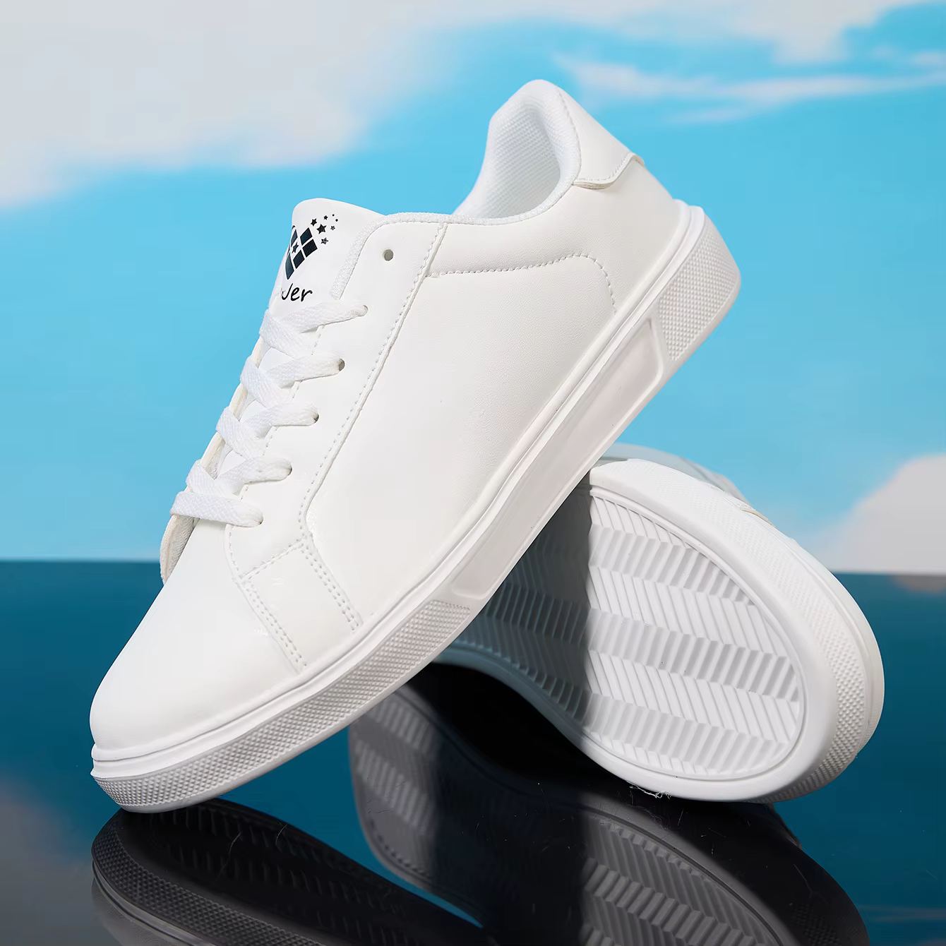 ZERJER Baskets décontractées en cuir blanc/noir pour hommes, chaussures de skate basses à lacets, ch