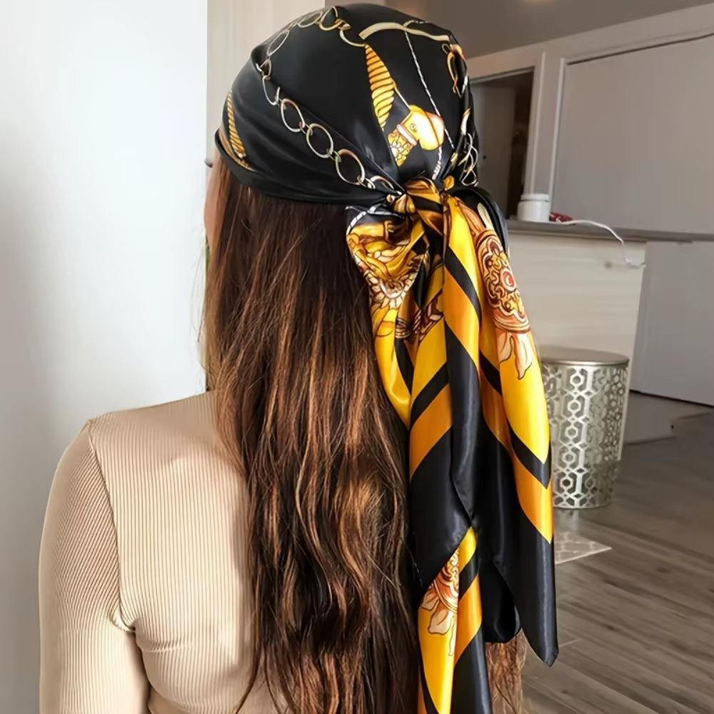 Foulard élégant en soie imprimé grande taille, bandana en satin 90x90cm, hijab carré polyvalent, acc