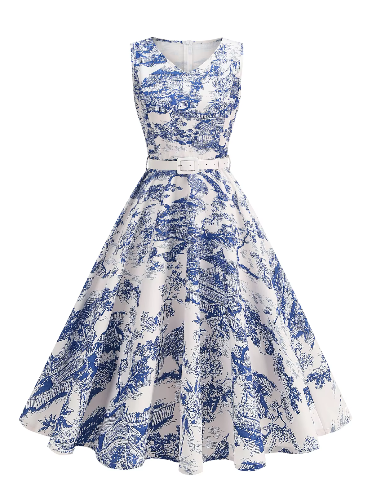 Tonval-Robe évasée ceinturée à imprimé bleu fibre pour femmes, vêtements vintage, col en V, style de