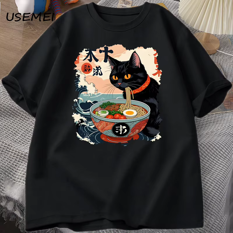 Kawaii chat Anime T-shirt Ramen japonais drôle graphique T-shirt Kawaii nouilles chat T-shirt homme 