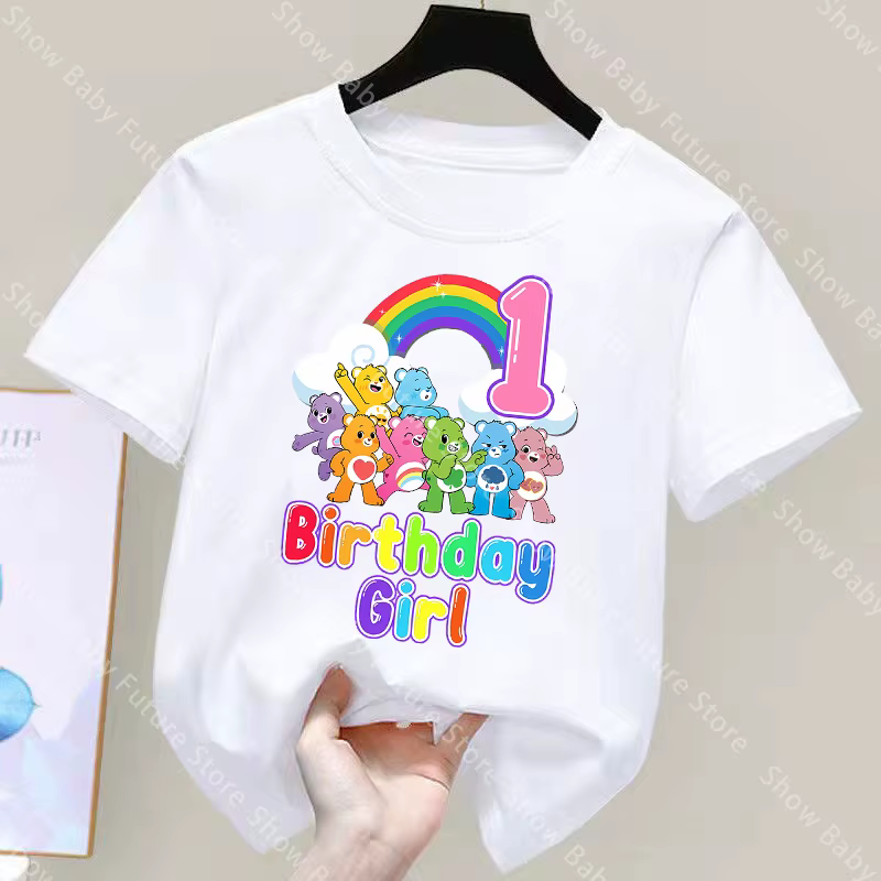 T-shirt blanc pour filles, motif dessin animé Care Bears, mignon, en coton, pour l'été, avec numéro 