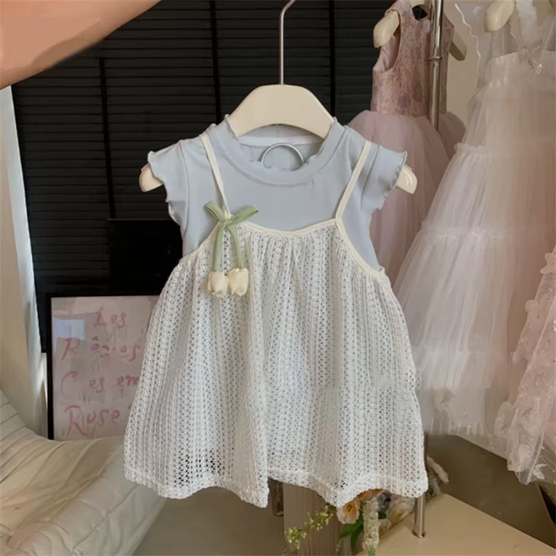 Vêtements pour enfants 2026 : Ensemble jupe et débardeur bleu, style coréen, jupe tricotée à motif t