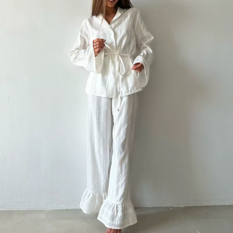 Chemise de nuit décontractée pour femmes, costume 2 pièces, manches longues, col rabattu, pantalon, 