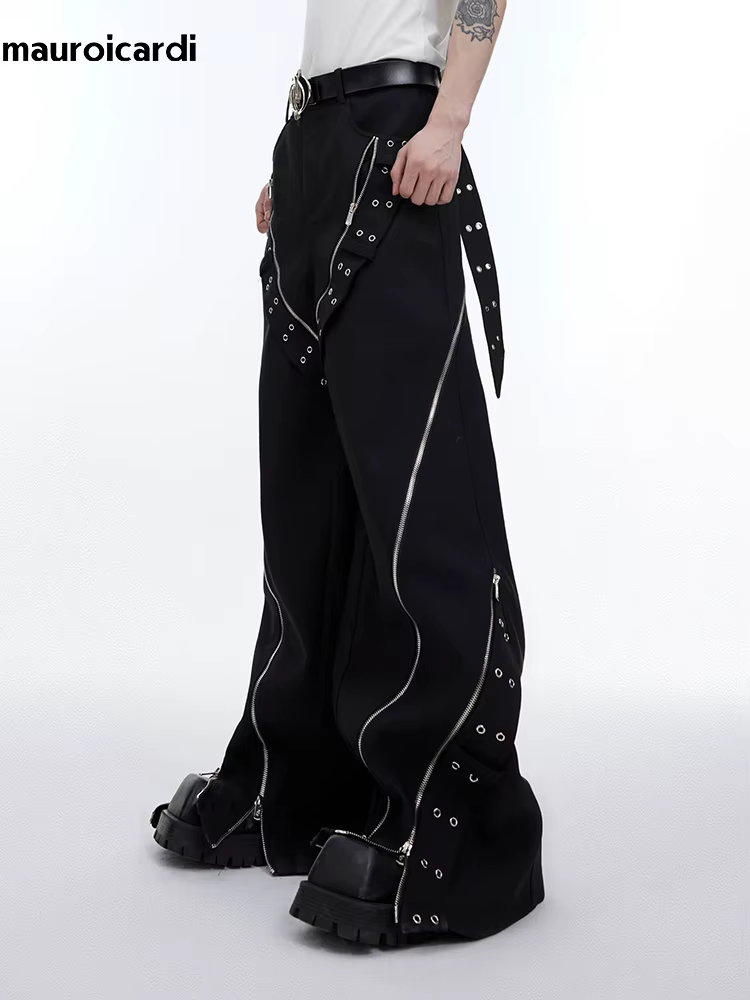 Mauroicardi-Pantalon Baggy à Jambes Larges pour Homme, Streetwear Cool, Long, Noir, Flowy, Vêtements