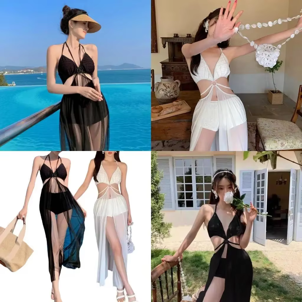 Maillot bain à col licou pour femmes, avec robe plage transparente, triangulaire, col en V, ensemble