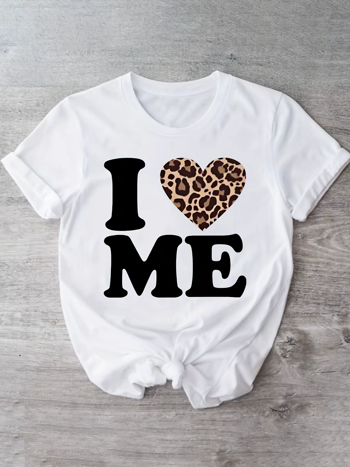 T-shirt imprimé cœur léopard I Me pour femme, décontracté, confortable, col rond, manches courtes, p