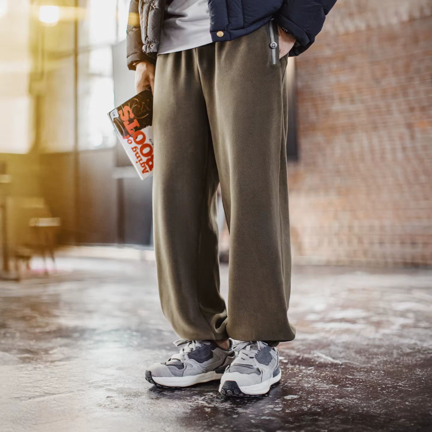 Maden Vintage hommes pantalon de survêtement en polaire brossé vert Olive pantalon thermique taille