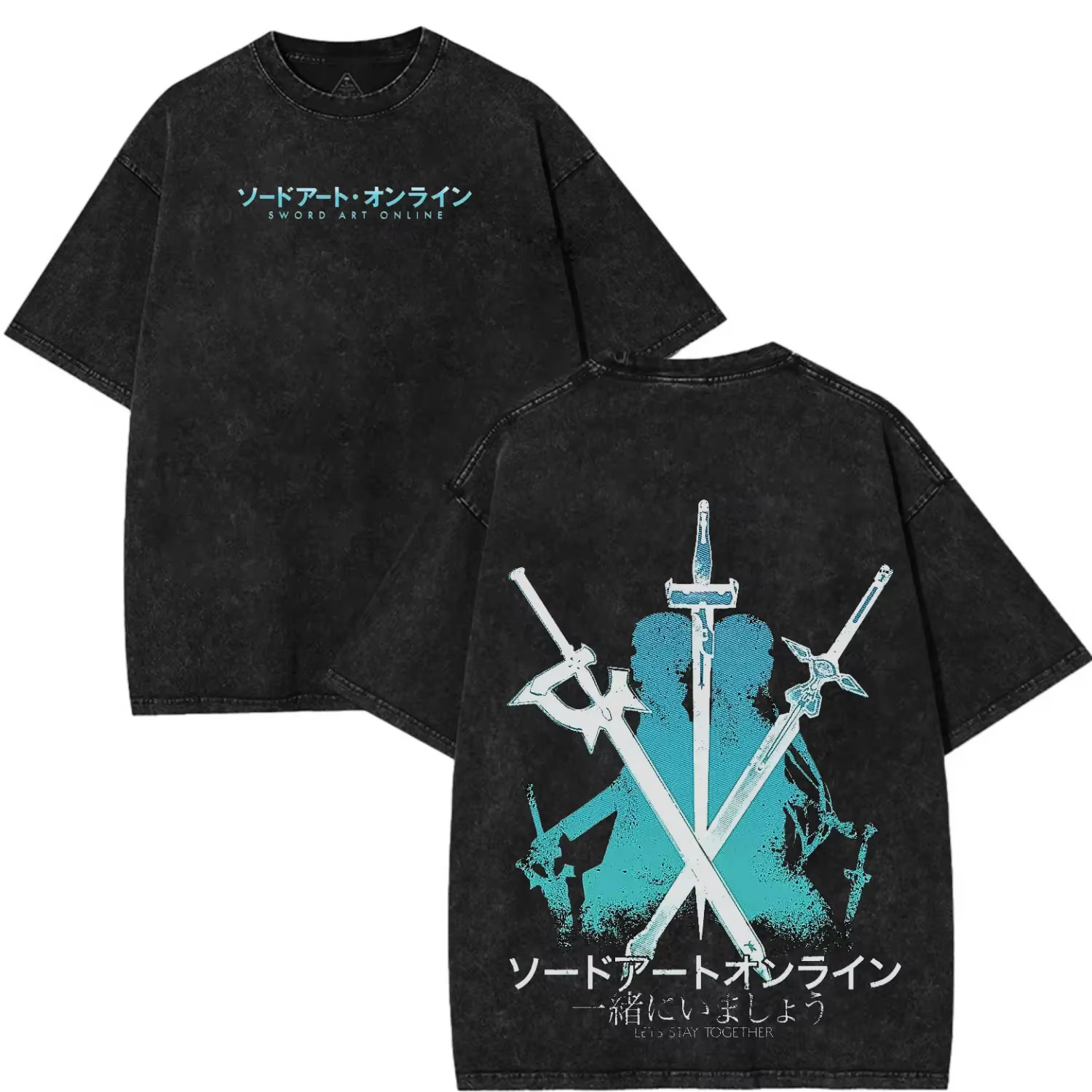 T-shirt Manga Sword Art Online Vintage Délavé Coupe Oversize pour Homme – Vêtement d'été Col Rond Ma