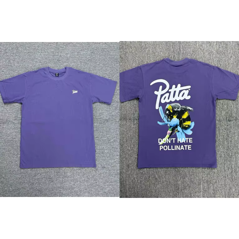 Nouveau T-shirt PATTA pour homme, motif abeille et fleur au dos, broderie sur la poitrine, violet, d