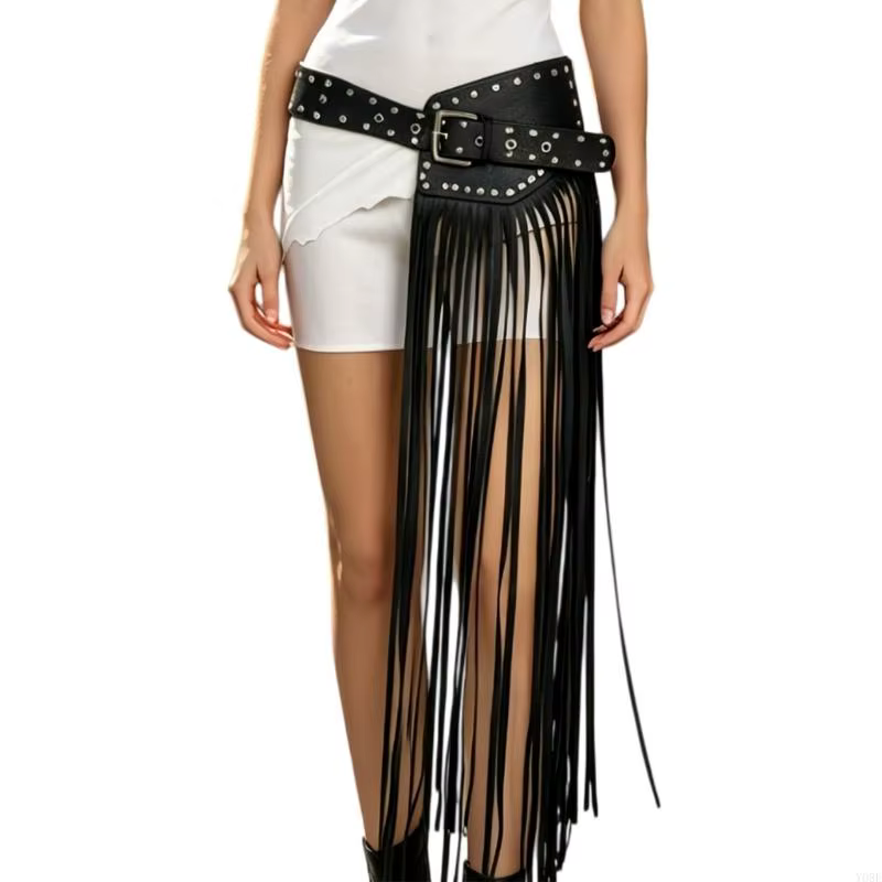 Ceinture à franges longues avec boucles en métal pour femmes hommes, Rivets cloutés, ceinture en PU 